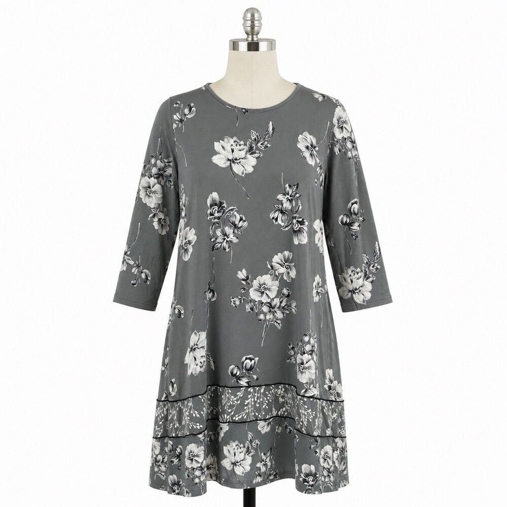 J. Jill Wearever Green Floral 3/4 Sleeve Shift Dress Size Petite Large Cottage